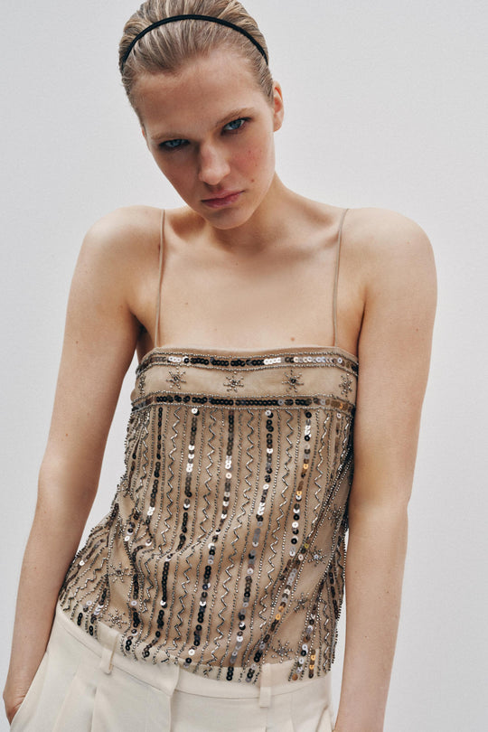 Top en tulle à perles à sequins
