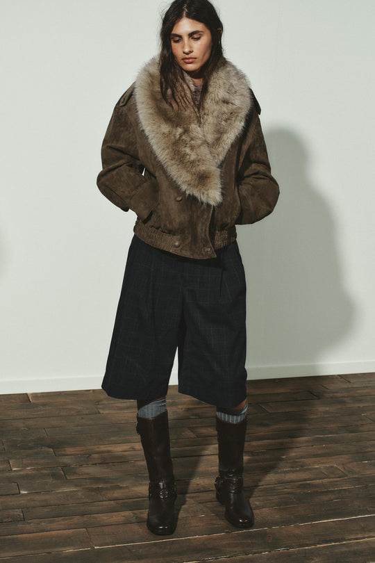 Blouson 100 % cuir suédé avec fourrure