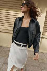 Blouson bomber effet cuir à épaulettes