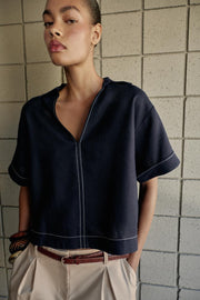 Chemise en lin à surpiqûres contrastées