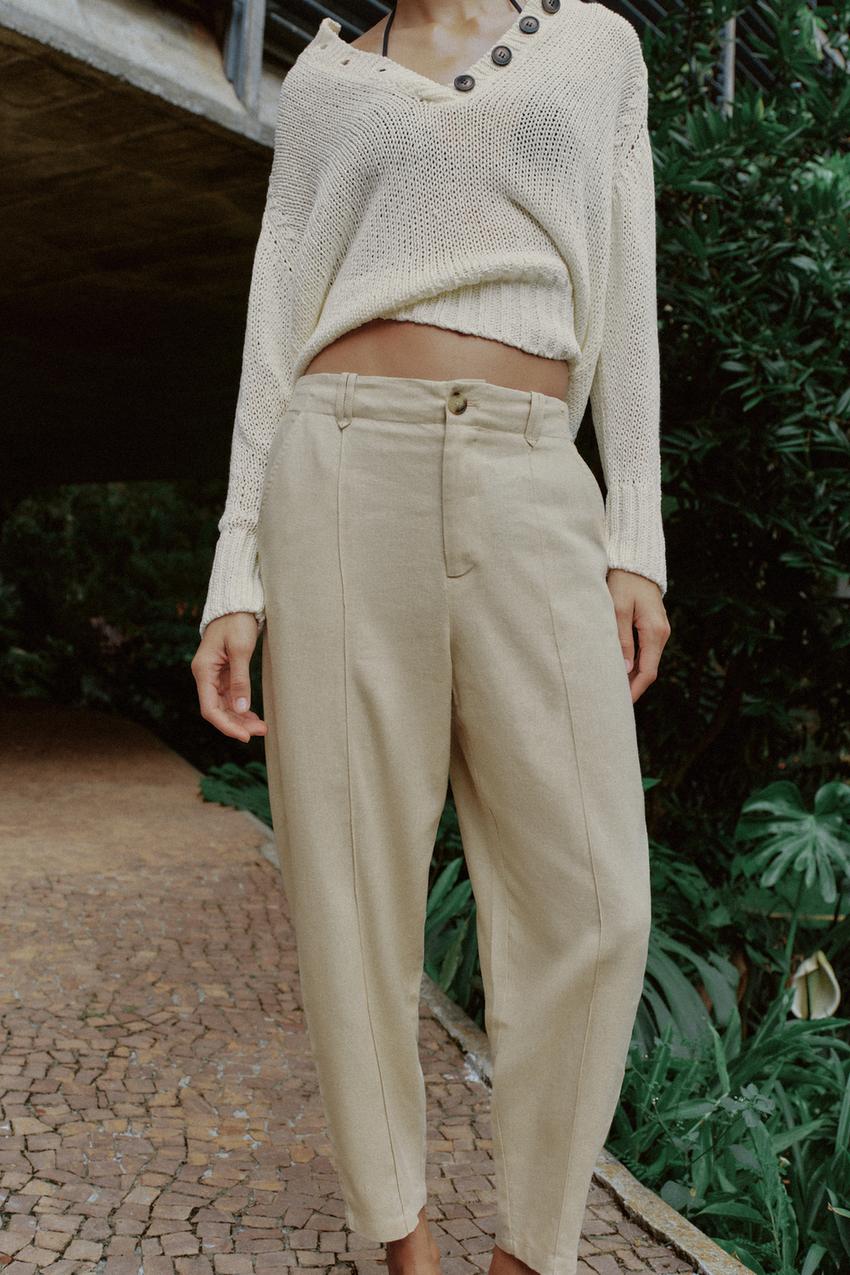 Pantalon carotte en lin à nervure