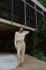 Pantalon carotte en lin à nervure