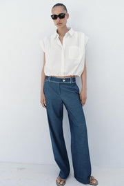 Pantalon large à passepoils contrastés