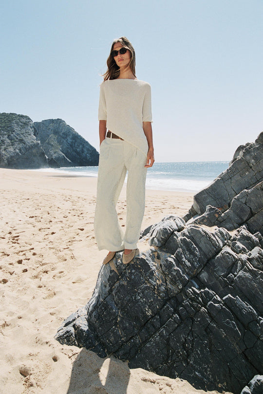 Pantalon large à rayures avec ceinture